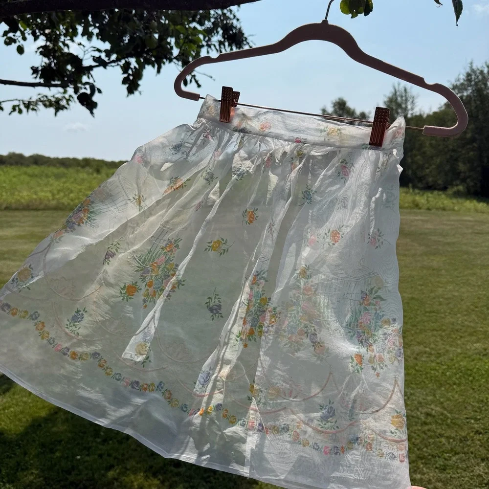 Vintage Half Apron White Sheer Floral Birdcage Scalloped Organza Retro 50s